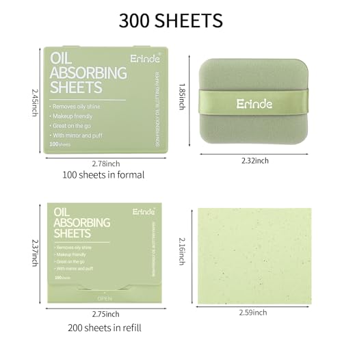 Erinde Oil Blotting Sheets for Face 300 Pack with Mirror & Puff