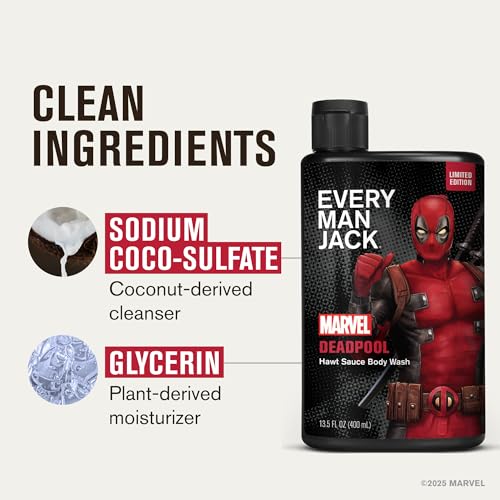 Every Man Jack Deadpool Body Wash Gift for Men ? Plant-Based Cleansers & Moisturizers ? Paraben & Dye Free ? 13.5 fl oz (2 Pack)