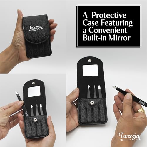 Stainless Steel Precision Tweezers Set, 4-Piece with Mirror Case