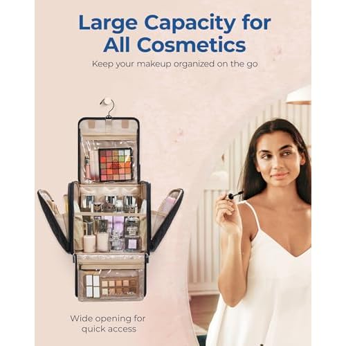 BAGSMART Hanging Travel Toiletry Bag, Large Capacity Water-resistant Cosmetic Organizer with Handle for Brushes Accessories, Black