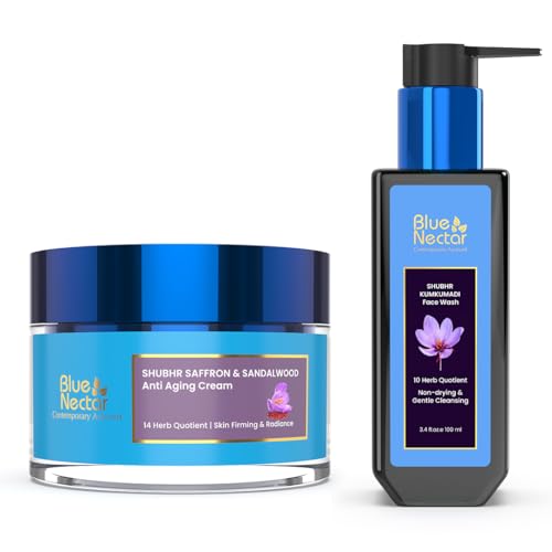 Blue Nectar Anti Aging Saffron Face Moisturiser for Women (1.7 Fl Oz) along with Kumkumadi Face wash with Saffron for Women & Men (3.38 Fl Oz)