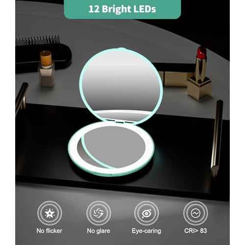 WOBSION Travel Compact Mirror,Portable 1x/10x LED Makeup Mirror with Magnification,Handheld 2-Sided Pocket Mirror, 3.5in Small Mirror for Purse,Handbag,Gift,Cyan&Pink,2 Pack