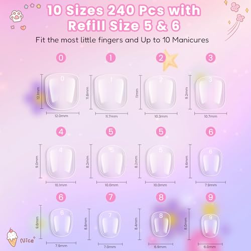 SINOKAME Kids Press-On Nails Kit - 240 Pcs Squoval Fake Nails