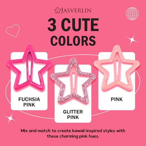 JASVERLIN Pink Star Snap Hair Clips, 36-Pc Y2K Set