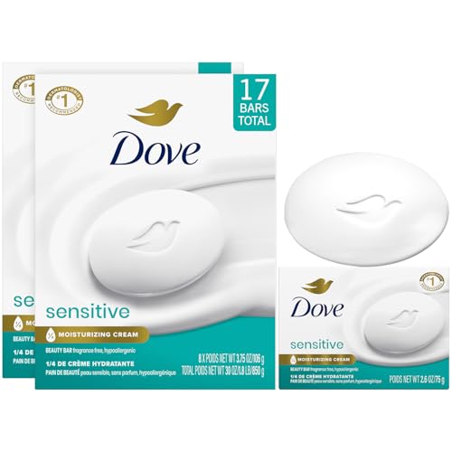 Dove Beauty Bar, Bulk Soap, Sensitive Skin 8-Packs (x2) + Single Bar with Moisturizing Cream for Soft, Smooth Skin