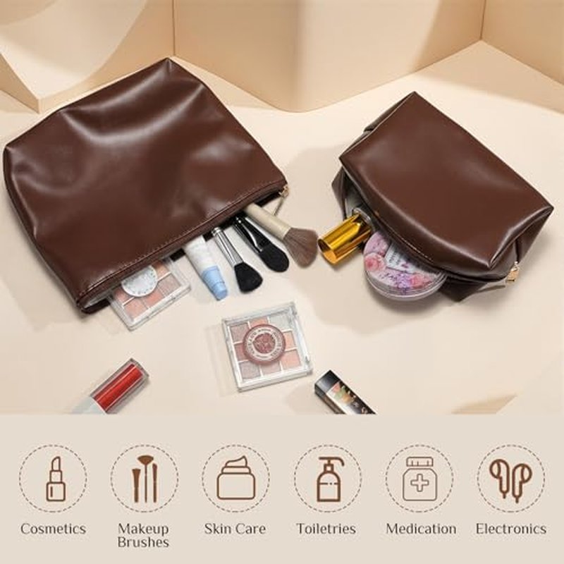Kigeli 2Pc PU Leather Makeup Bag Set | Waterproof Travel Toiletry Organizer