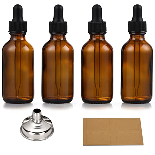 4 Pack 1oz Dark Amber Glass Dropper Bottles with Funnel