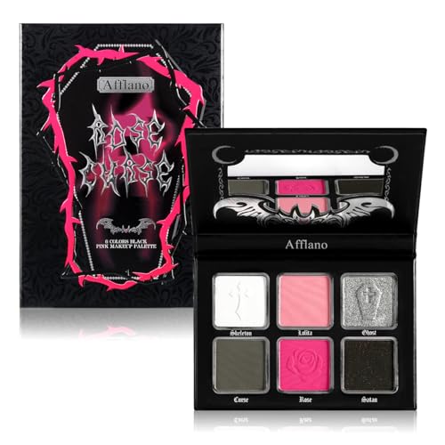 Afflano Goth Pink Eyeshadow Palette, Black Silver Pink Smokey Eyes Makeup Eyeshadow Pallet With Mirror, for Goth Girls Women Long Lasting Daily Valentine makeup, Emo Halloween Clown SFX Gothic Looks