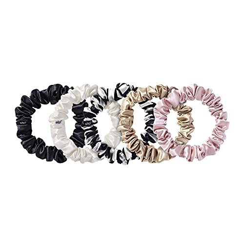 slip Midi Scrunchie Original Mix | Set of 5 Pure Silk Scrunchies in Pink, Caramel, Navy Stripe, White, & Black | 100% Mulberry Silk, Anti-Crease, Gentle on Hair, Reduces Breakage | Stylish & Durable