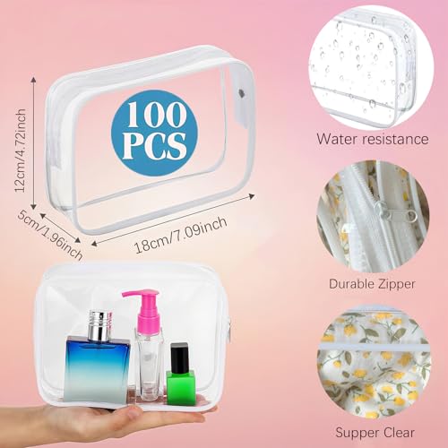 100 Pcs Clear Makeup Bags Bulk Easter Basket Gifts Tsa Approved Toiletry Bag for Travel Transparent Cosmetic Bag PVC Waterproof Travel Small Pouches with Zipper for Men and Women (Black)
