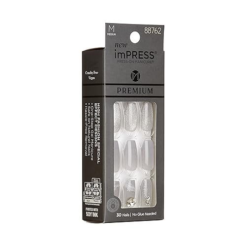 KISS imPRESS Press-On Manicure Premium Collection Fake Nails - Legacy, Gray, V-Cut Stone, Medium & Ballerina/Coffin Shape, Easy To Apply, Super Hold, Chip Proof, Smudge Proof, No Dry Time | 30 Count