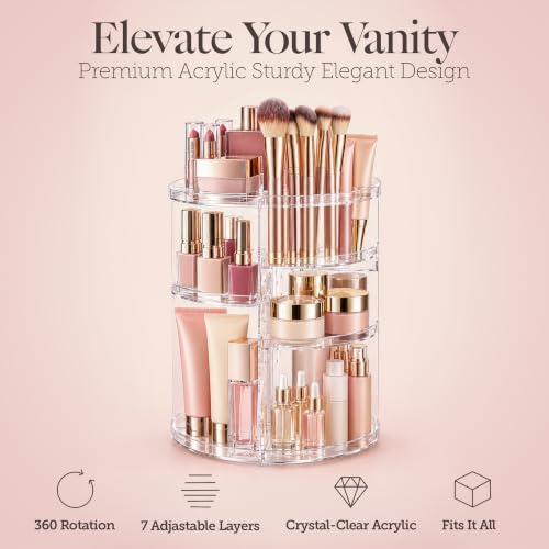 Masirs 360° Rotating Makeup Organizer - Adjustable Shelves, Clear