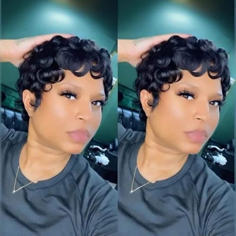 Pixie Cut Human Hair Wig Short Curly 1B Black Women