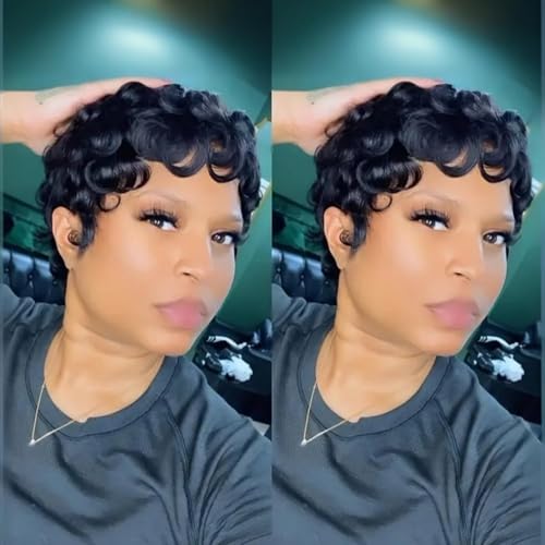 Yviann Short Pixie Cut Wig with Bangs - Black Layered Human Hair