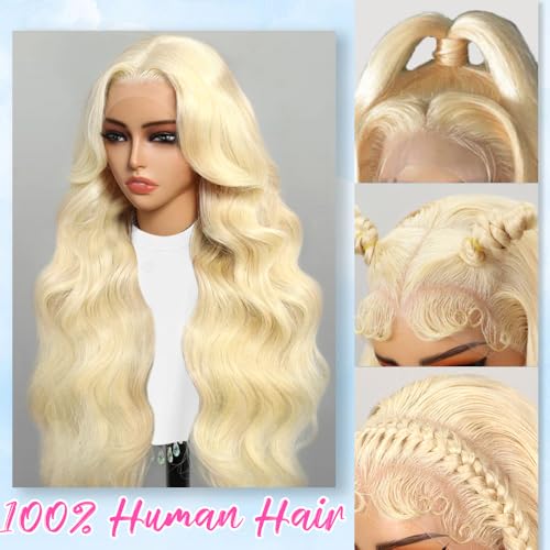 JINNOO Blonde Human Hair Wig 22 Inch 13x6 Lace Front Body Wave 613 HD Frontal