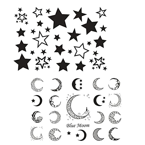 Black Star Moon Tattoo Sticker Waterproof Black Sexy Fake Art Body Face Ears Modern for Women Men Sticker 6 Sheets