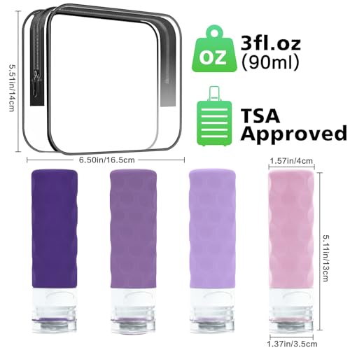 Silevoler TSA Approved Travel Bottles Set - 4 Pack, 3oz Silicone Toiletry Containers with Leak-Proof Design
