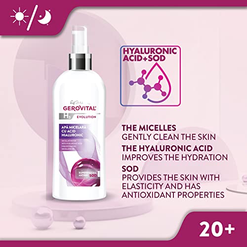 GEROVITAL EVOLUTION Micellar Water with Hyaluronic Acid, Facial Cleanser, Hydrating Makeup Remover, with Anti-Aging Super-Enzyme Superoxide Dismutase SOD, 150 ml