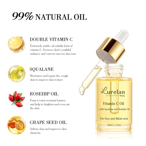 Double Vitamin C Oil For Face and Bikini Area - Brightening Oil with Squalane, Rosehip, Vitamin E, Non-Comedogenic, Vegan, for All Skin Types (Face oil)