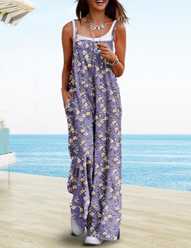 YESNO Women's Summer Boho Casual Jumpsuits Wide Leg Overalls Floral Print Baggy Rompers with Pockets S PZZCR 408