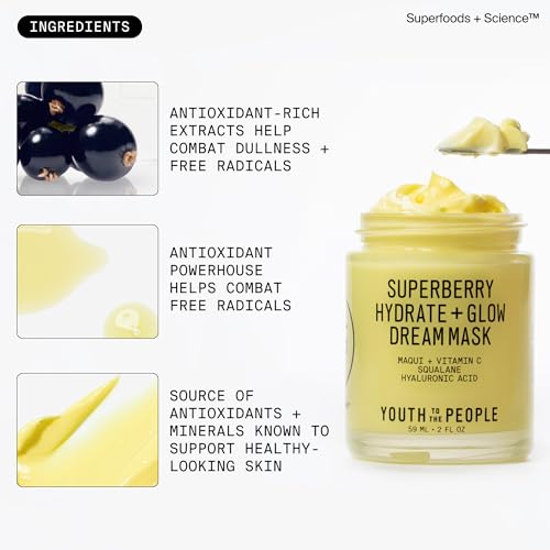 Youth To The People Superberry Glow Dream Mask - Brightening Overnight Face Mask + Hyaluronic Acid Night Moisturizer with Vitamin C & Squalane Oil for Even Skin Tone - Clean, Vegan Skincare (2oz)