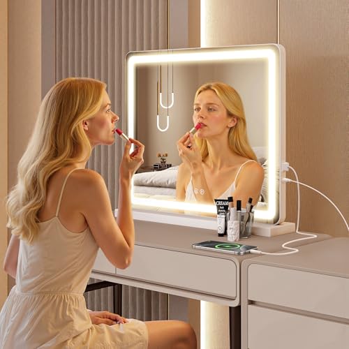 NEWBULIG 20"x22" LED Vanity Mirror with Lights, Lighted Smart Tabletop Makeup Mirrors for Desk, Touch Control Dimmable Brightness, 3 Color Lighting Modes