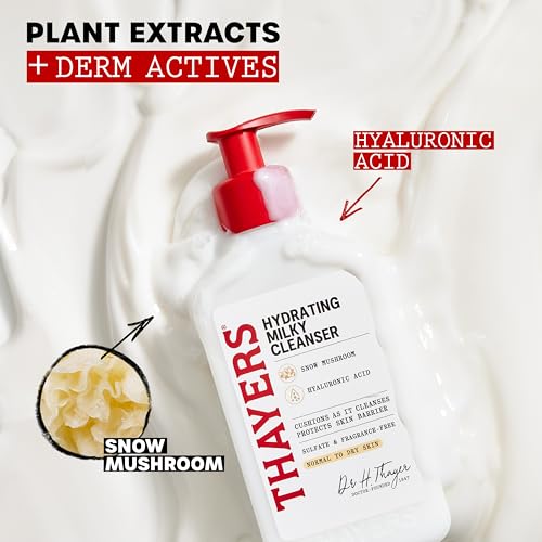 Thayers Milky Hydrating Face Cleanser with Snow Mushroom and Hyaluronic Acid, Dermatologist Recommended Gentle Facial Wash and Hydrating Skincare for Dry and Sensitive Skin, Paraben Free, 8 Fl Oz