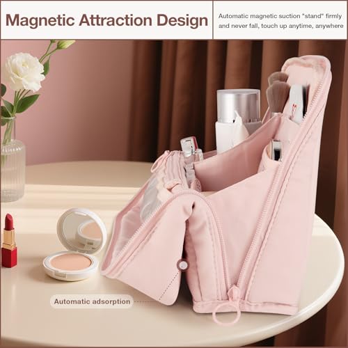 Abiudeng Standing Makeup Bag Stand up Make up Bag Travel Toiletry Bag with Multiple Compartments Large Capacity for Women Business Trips Fitness and Daily Commutes (Pink)