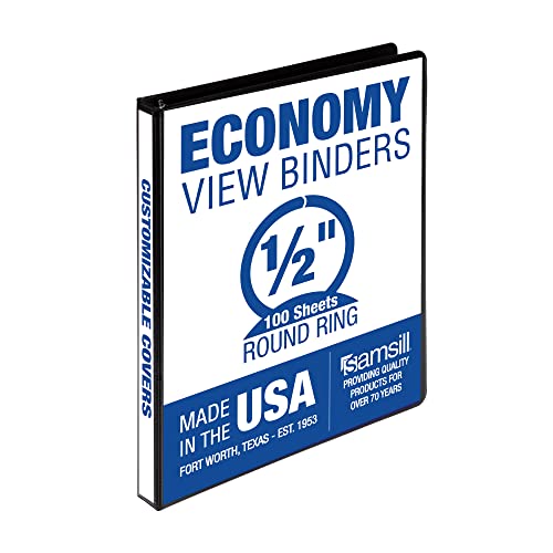 Samsill Economy 3 Ring Binder, Made in The USA, Round Ring Binder, Customizable Clear View Cover, Black, 0.5 Inch Binder (18510)