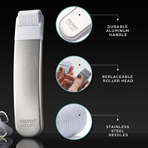 StackedSkincare Microneedling Skin Refining Tool with Replaceable 0.2mm Roller Head ? Cosmetic Microneedling for Daily Use ? Aluminum Handle for Smoother-Looking, Even Skin