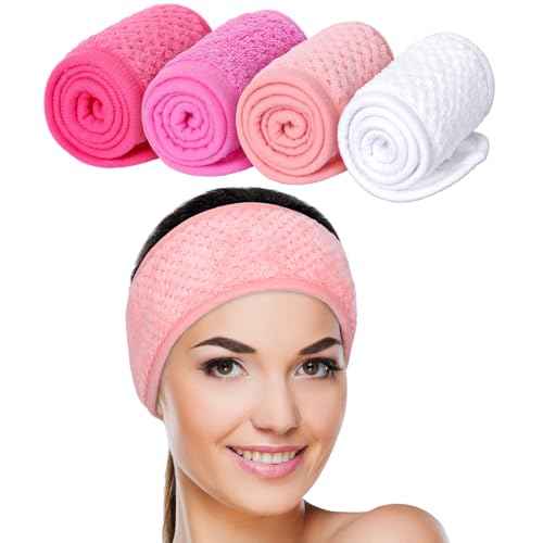 Whaline 4 Pack Spa Facial Headband Makeup Hair Wrap Adjustable Hair Band Soft Towel Head Band for Face Washing Shower Sports Yoga (White, Pink, Peach Pink, Hot Pink)