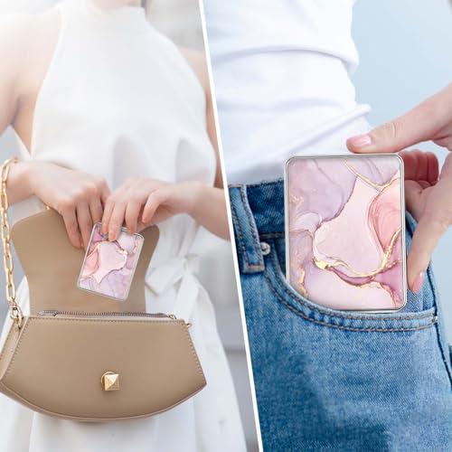 Pink Marble Small Travel Pocket Mirror with 2x Magnification - Double-Sided Cosmetic Mirror