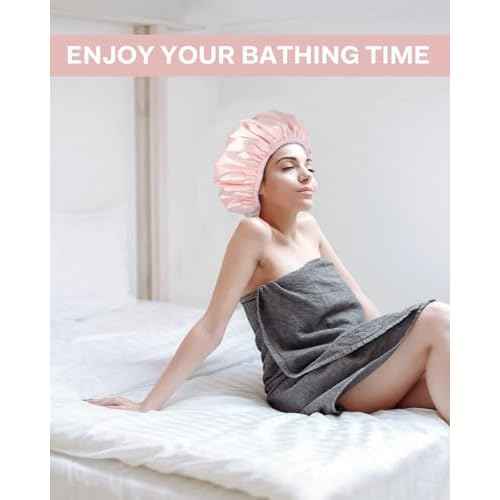 Aquior Shower Cap,Triple Layer Shower Cap for Women, Reusable Waterproof Bath Cap,Silky Satin Outer Layer Terry Lining, Extra Large for Women Long Hair(Pink)