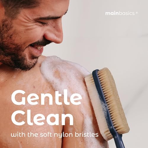 MainBasics Blue Dual Sided Shower Brush with Long Handle - Back Scrubber