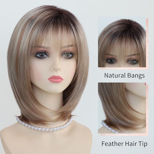 Layered Blonde Bob Wig with Bangs for Women - 12 Inch Synthetic Hair