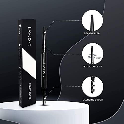 Beard Pencil Filler for Men - Long Lasting and Easy to Use Beard Pen with blending brush results in a sleek & natural look, Water/Sweat Proof filler (1 Count (Pack of 1), Black)