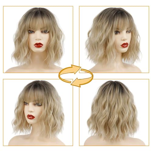 Short Blonde Wavy Bob Wig with Bangs - Heat Resistant