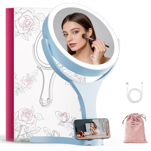 Hasipu Blue Travel Makeup Mirror with Lights, 3-Color Dimmable, 10X Magnification & Phone Stand