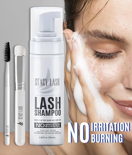 STACY LASH Eyelash Extension Shampoo + Brush / 3.38 fl.oz / 100ml / Eyelid Foaming Cleanser/Wash for Extensions & Natural Lashes/Safe Makeup Remover/Supplies for Professional & Home Use