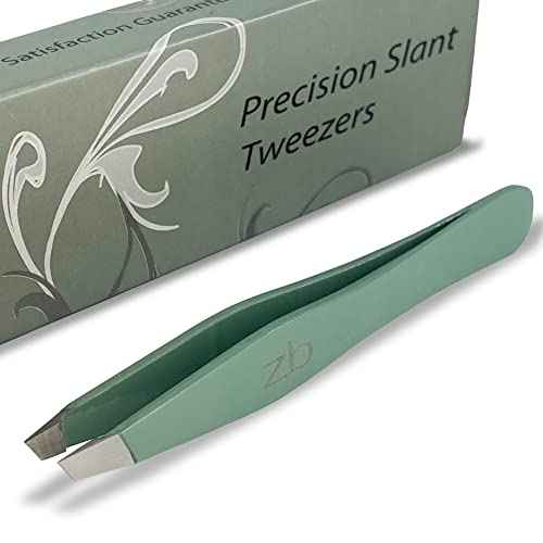 Tweezers ? Surgical Grade Stainless Steel - Slant Tip for Expert Eyebrow Shaping and Facial Hair Removal ? with Protective Pouch (Sage)