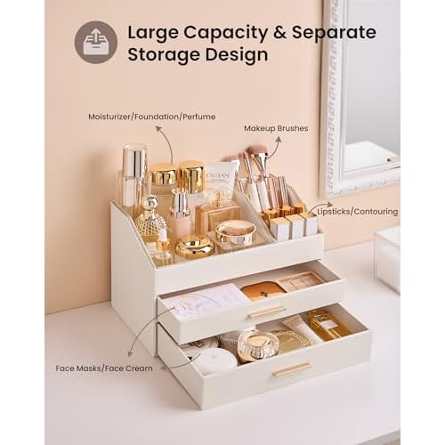 Lolalet Makeup Organizer for Vanity Desk, 3-Layer PU Leather Luxury Make Up Storage Cosmetics Holder Box with Drawers -Cream