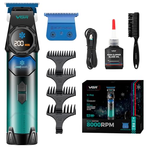 VGR 946 Hair Trimmer for Men, Professional Beard Trimmer for Men with Blue Ceramic Blade & Cooling Button, 8000RPM BLDC Motor Barber Clippers, Cordless Mens Hair Clippers with LED Display
