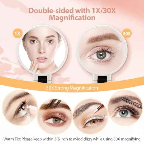 B Beauty Planet 30X Magnifying Mirror, Hand Mirror with Handle, Double Sided Hand Mirror with 30X/1X Magnification, Travel Essential Portable Foldable Makeup Mirror for Precision Makeup White