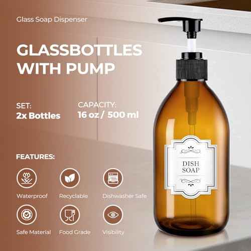 Amber Glass Soap Dispenser with Pump 16 oz, Homepicker Hand and Dish Soap Dispenser Set for Body Oil, Brown Glass Bottles with 1 Extra Pump Tops, Black Caps, Labels (2 Pack)