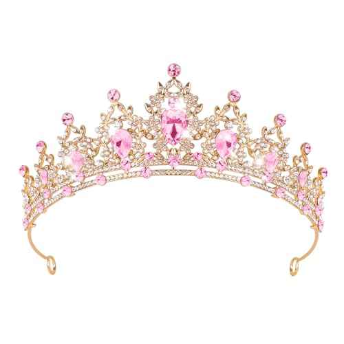 Tiara for Women, Crown and Tiara for Girl Princess, Bride Wedding Happy Birthday Halloween Cosplay Hair Accessories Decorations (Gold Pink)