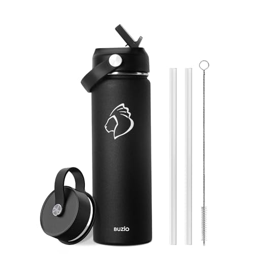 BUZIO 22oz Insulated Water Bottle with Straw Lid and Flex Cap, Wide Mouth Vacuum Insulated Stainless Steel Double Wall Water Flask,Cold for 48 Hrs Hot for 24 Hrs Simple Thermo Canteen Mug, Black