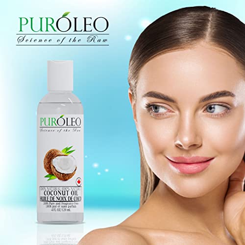 PUROLEO Fractionated Coconut Oil 4 Fl Oz/120 ML (Packed in Canada) 100% Natural and odorless Moisturizer & Carrier Oil l Hair Skin Body, Aromatherapy, Massage, Makeup Remover