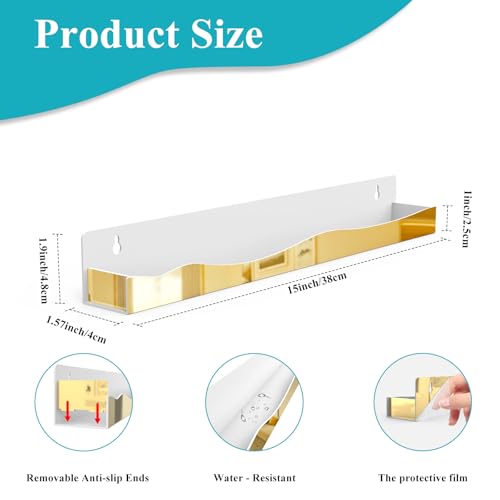 12 Pack Gold Mirror Nail Polish Racks 15 Inch Acrylic Wall Mount Shelves with Stopper for Nail Polish Organizer, Picture Frames, Books, Home Dec