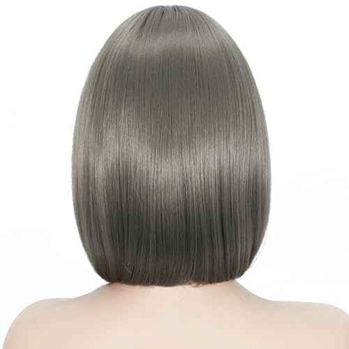 Svolna Short Bob Wig with Bangs, Grey Synthetic Straight Hair Wigs for Women, 14 Inch Cosplay Costume Bob Wig (grey#)