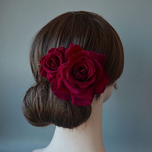 Rose Flower Hair Comb Bohemian Hairpin Wine Red